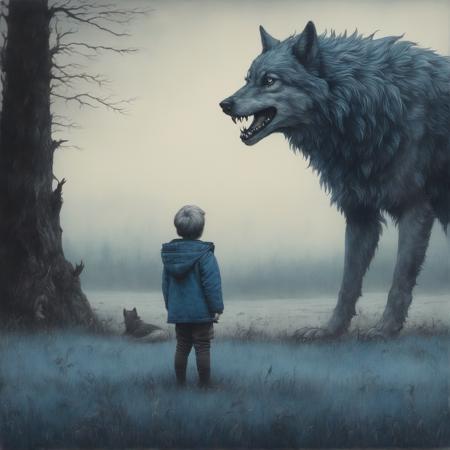 johnmortensen drawing of a child on a field looking at a wolf monster, photograph, blue cold color palette, muted colors, detailed, 8k