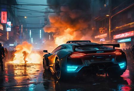 Futuristic cyberpunk scene in the year 2099 of huge mob of humanoid robots rioting on streets, futuristic tech everywhere, futuristic cyberpunk cars, chaos everywhere, robots turning cars over, fires, people running, night, raining, wet asphalt, futuristic police, fire, smoke, neon lights, cinematic