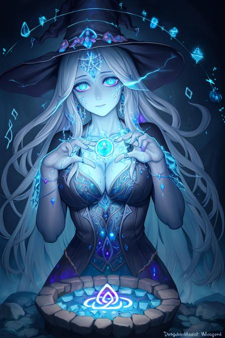 woman, runes, glowing symbols, magic spell, medium breasts, oil painting \(medium\), highly detailed, dmt, witch, geodes, glowing eyes, light flowing in and out of her body, flowing glowing water, metal, frog,