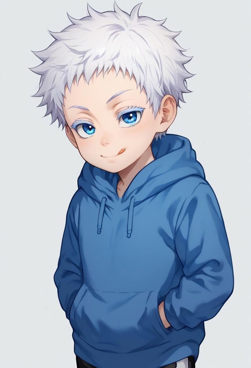 score_9, score_8_up, score_7_up, source_anime, highly detailed, young, 1boy, solo, cute boy, yg_gojo, white hair, blue eyes,colored eyelashes, hoodie, shorts, smug smile, tongue out