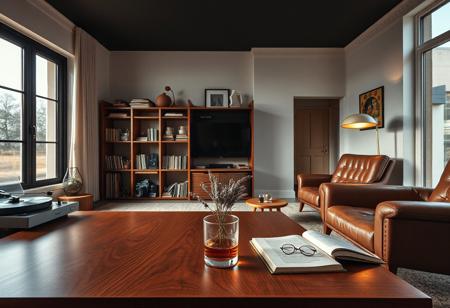 Sleek vintage-themed decor. Shot on a Fujifilm GFX 100S, soft contrast, balanced exposure, ISO 800. GF 45mm f/2.8 lens. Wide-angle shot, minimalist composition. Soft lighting with natural highlights.
A refined retro living space with a minimalist approach—clean lines, mid-century furniture, and a subtle color palette. A large picture window floods the room with soft light, reflecting off a polished wooden coffee table with intricate grain. The air carries the scent of aged books and freshly brewed tea, mingling with the musk of vintage upholstery.
A curated collection of vinyl records and retro cameras lines open shelves, organized by era. A classic table lamp casts a warm glow, while the dark ceiling adds sophistication. A turntable spins beside a row of worn hardcover books. A ceramic vase with dried lavender rests on a side table, adding rustic charm.
Furniture is arranged thoughtfully, each piece serving a purpose. A deep leather lounge chair sits in one corner, its surface softened by time. A minimalist floor lamp casts a golden glow over an open notebook and reading glasses. A glass of whiskey with a melting ice cube sits on a coaster, left in a moment of reflection. The uncluttered foreground allows the space to breathe, evoking nostalgia and timeless charm. The soft hum of a radio playing slow jazz completes the serene atmosphere.