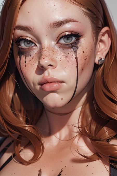 ru1n3dm4k3up, ruined makeup, mascara tears,<lora:ru1n3dm4k3up:0.7>  <lora:detail_slider_v4:1> <lora:Fr3ckles:0.7> Fr3ckles, freckles, ginger hair, medium breasts, long hair,  grey eyes, <lora:weight_slider_v2:0.8> solo, portrait,  <lora:age_slider_v6:0.8>