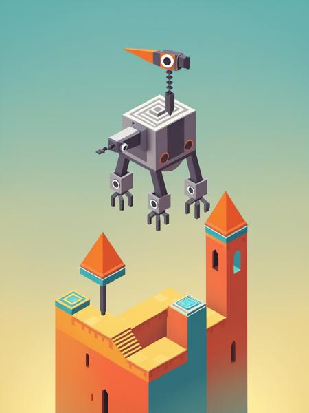video game monument valley style, A giant robot standing on the roof, building, stairs, day, floating, gradient background, <lora:Monument Valley style:0.8>