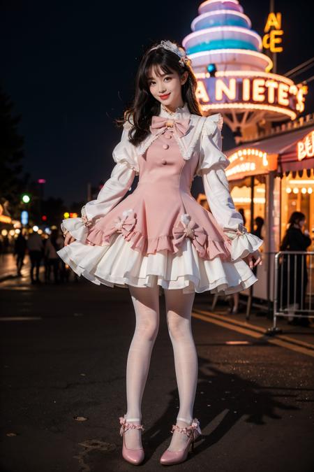 best quality, masterpiece, photorealistic, 1girl, solo, long straight black hair, blunt bangs, looking at viewer, full body, cyb dress, pink dress, long sleeves, puffy long sleeves, bow, (white pantyhose:1.4), mary janes, amusement park, people, colorful, neon light, <lora:cute_dress_style1_v1:0.7>