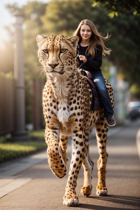 full body,photo of a 18 year old girl,riding on a oversized cheetah,running,happy,looking at viewer,ray tracing,detail shadow,shot on Fujifilm X-T4,85mm f1.2,sharp focus,depth of field,blurry background,bokeh,lens flare,motion blur,<lora:add_detail:1>,