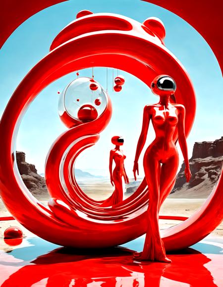 sexy woman,red latex suite, modern art, alien aesthetics, Salvador Dali inspired, surrealism, melting clocks, bizarre landscapes, alien figures, dream-like, imaginative