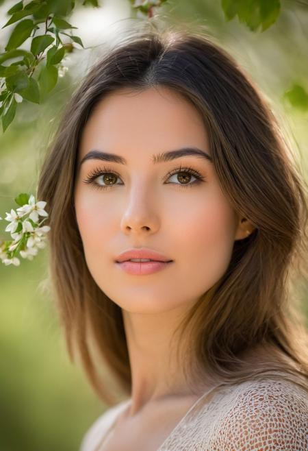 An intimate close-up portrait of a stunning woman illuminated by the gentle morning light, with blossom leaves softly framing her delicate features. The depth of field creates a soft, dreamy background, with high-quality bokeh adding a sense of enchantment to the scene. Soft, diffused lighting enhances the warmth and radiance of her complexion, while multiple image exposures capture the subtle nuances of her expression. This stunning image is rendered in insanely high resolution, realistic, 8k, HD, HDR, XDR, focus + sharpen + wide-angle 8K resolution + HDR10 Ken Burns effect + Adobe Lightroom + rule-of-thirds + high-detailed bark. Canon EOS 5D Mark III, 1/160s, f/8, ISO 100. The resulting image is a captivating example of portraiture, with lifelike colors and exquisite details that evoke a sense of tranquil beauty. (subtle gradient backdrop:1.1)