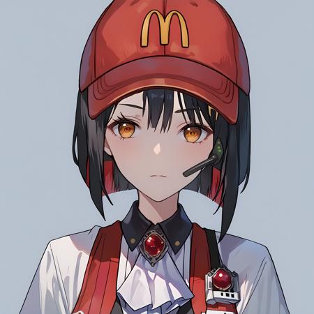 mchat, meme, portrait, headset, upper body, mcuniform, mchat, employee uniform, baseball cap, black headwear, black shirt, black shorts,