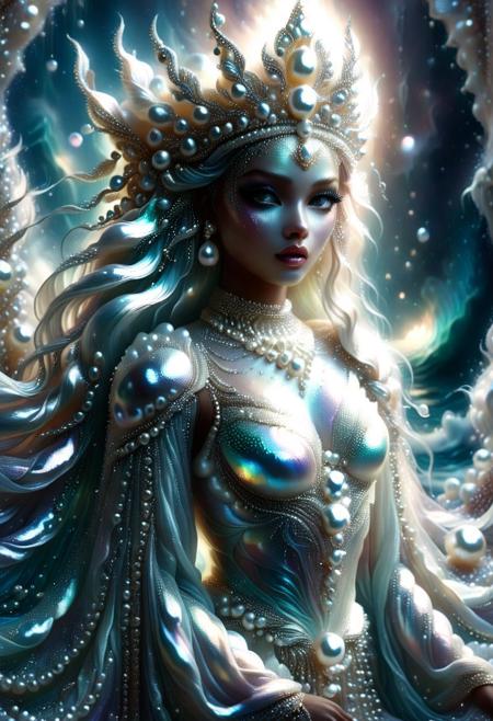 ethereal goddess emerging from pearl world, iridescent skin, pearl crown, flowing translucent robes, surrounded by floating pearls and sea mist, close-up portrait, dreamy eyes, shimmer lighting, pastel glow, high fantasy, detailed skin texture, photorealistic, soft focus, trending on artstation