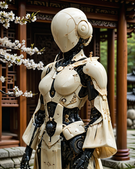 absurd-res, high-res, masterpiece, best quality, amazing quality, hyperrealistic, 
**MEDIUM SHOT** of female android (from waist up), 
**HEAD**: completely featureless smooth ivory sphere, **zero facial details**, matte reflective surface, 
**TORSO**: constructed from polished ivory (neck/shoulders) and glossy ebony wood (chest) with **deep intricate tribal patterns covering 100% surface**, 
**CLOTHING**: black-and-beige silk kimono with wide collar, geometric folds exposing shoulders, 
**MATERIAL DETAILS**: hyperdetailed carved texture, subsurface scattering on ivory, 8k macro view, 
**POSE**: standing serenely, hands clasped formally at waist level, 
**SCENE**: ancient Japanese monastery courtyard (softly blurred), stone lanterns, falling cherry blossoms, 
**LIGHTING**: dramatic volumetric rim light accenting carvings, soft ambient fill, 
**TECH**: sharp focus on upper body, f/1.2 aperture, cinematic bokeh, HDR, 
**STYLE**: photorealistic sci-fi sculpture by Ilya Kuvshinov
by Makoto Shinkai and Ilya Kuvshinov <lora:Faceless_Cyborgs-000014:0.6> cyborg, robot, standing, noface <lora:Ebony_and_Ivory_Scrimshaw_style_-_SDXL:1> and, the, beautiful, detailed, bone, ornate, carving, art, incredible, texture, color, ivory, for, ebony