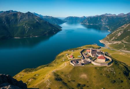 a huge lake surrounded by mountains on three sides, on the side without mountains is a viking village with stone fortifications, birds eye view, from above, sunny day, atmospheric, Max Details, sharp focus, high contrast, vibrant colors, ultra quality, 8k, best quality, masterpiece,