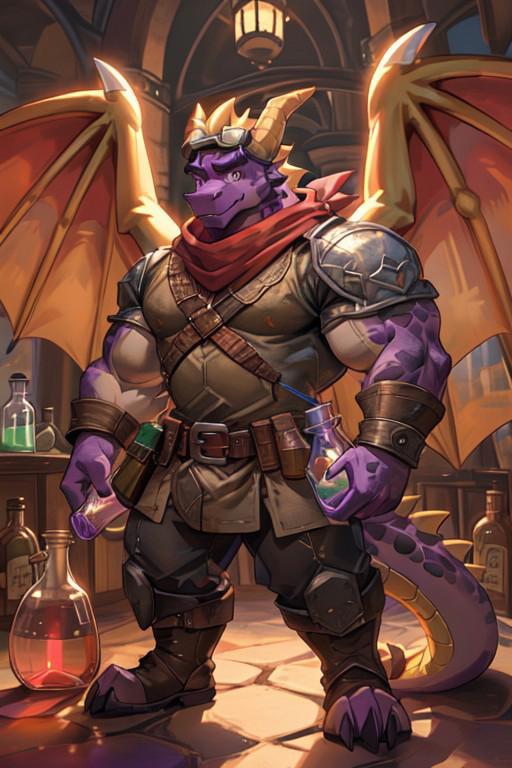 (high quality), ((spyro, dragon wings, anthro), solo, male focus, goggles, goggles on head, red bandana around the neck, (big eyes:1.2)) muscular, bodybuilder,  thick muscles, bulky muscles, hyper biceps, biceps, thick arms, thick thighs, huge thighs, thighs, huge legs, thick legs, extremely huge muscular pectorals, large pectorals, manly, smiling, (wearing alchemist outfit, potion vial on belt:1.2), standing, holding a red potion bottle, detailed face, detailed eyes, detailed body, front full body view, digital art, (fantasy rpg city)