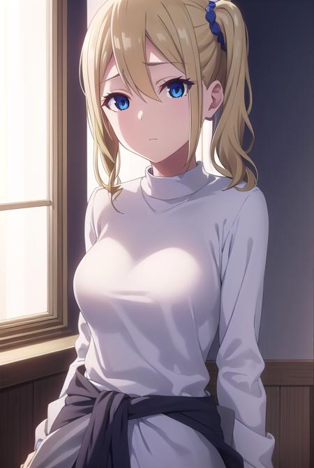 aihayasaka, <lora:ai hayasaka s3-lora-nochekaiser:1>,
ai hayasaka, bangs, blue eyes, blonde hair, hair ornament, hair between eyes, sidelocks, side ponytail, scrunchie, hair scrunchie, blue scrunchie,
BREAK shirt, long sleeves, school uniform, shoes, socks, sweater, cardigan, black socks, clothes around waist, shuuchiin academy school uniform, sweater around waist, cardigan around waist,
BREAK indoors, classroom,
BREAK looking at viewer, (cowboy shot:1.5),
BREAK <lyco:GoodHands-beta2:1>, (masterpiece:1.2), best quality, high resolution, unity 8k wallpaper, (illustration:0.8), (beautiful detailed eyes:1.6), extremely detailed face, perfect lighting, extremely detailed CG, (perfect hands, perfect anatomy),