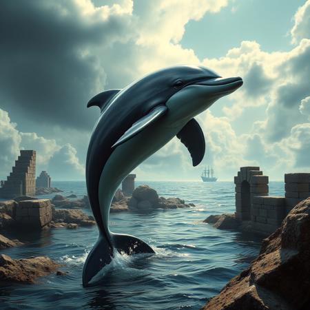 Create a dramatic, 8K, HDR environmental shot of a Chrysalis Dolphin in a Legendary Ocean setting, with a focus on its broad shoulders and leader-like presence. Incorporate a sense of trecking and exploration, set against the backdrop of ruins. The image should evoke a sense of 'behold' and 'painfully adorable.' Combine the styles of Artgerm, Greg Rutkowski, and Alphonse Mucha, with a mix of realistic and hand-painted textures. Utilize Unreal Engine 5, DAZ, and Octane Render for hyperrealistic results.