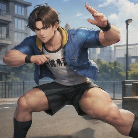 masterpiece, highquality, cute face, SieKensou, jacket, t-shirt, shorts, socks, sneaker, fighting pose <lora:kensouKOF_1:1><hypernet:samdoesartsHypernetwork_v422500Steps:0.058>