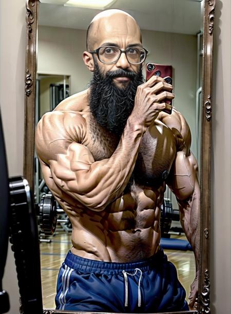 1man,masterpiece,best quality,dusk,at the gym,shirtless visible abs bodybuilder male eneias bald bearded middle aged man ,posing,depth of field,mirror
<lora:add_detailLora:1>