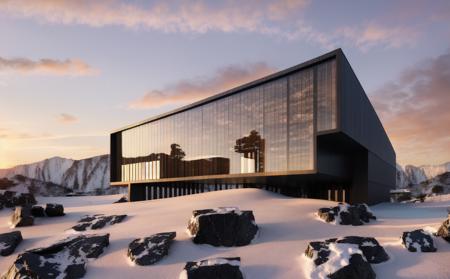 ((masterpiece, best quality)), 8k, modern architecture style, photo realistic, david chipperfield, hyper detailed photo, single box, a digital 3d render of a building, Glass building, leansflare, Snow mountain, Sunset or dawn