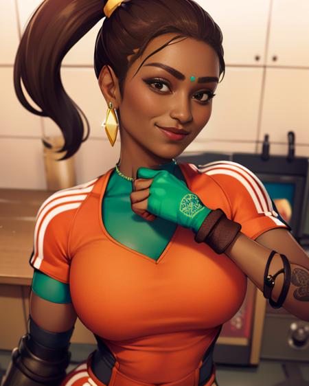 Rampart,dark skin,forehead jewel ,nose piercing,side ponytail ,brown hair, solo, standing, smiling, upper body, close up, 
RampJS,jewelry,orange jumpsuit with white srtipes,knee pads ,  right  glove, green crop top,
tool shed, morning, grease,  oil marks, 
(insanely detailed, beautiful detailed face, masterpiece, best quality)  <lora:Rampart:0.8>