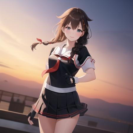 (masterpiece, best quality:1.2),illustration,8k,hd,1girl,solo,upper body,(portrait:1.2),long hair,single braid,black serafuku,black school uniform,pleated skirt,fingerless gloves,smile,<lora:Shigure(kan)>,