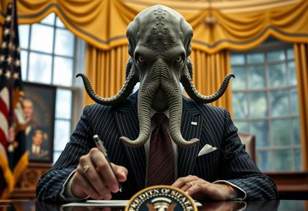 president cthulu in a sharp pin striped suit posing for presidential portrait in the oval office, real photograph, signing bill, empty eyes, lovecraftian, vote for cthulu photorealistic, correct hands, correct fingers, seal of the president of the united states, ad to vote