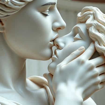 beautiful woman kissing statue of Venus de Milo on the lips, close up on kiss