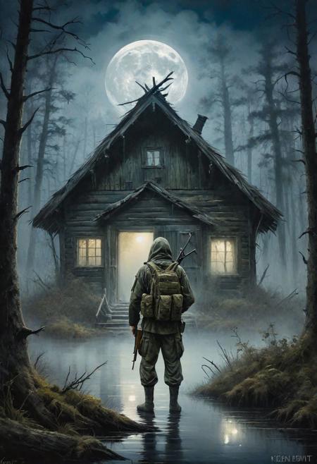 hero in camouflage with a ak-47 in his hand in front of creepy hut, swamp with dense fog, dense forest, full moon, moonlight, Chernobyl, low key, dark, chiaroscuro, mystic, oil and watercolor painting, mystical dense fog, epic scene, haunting mist, dark fantasy art by Kerem Beyit