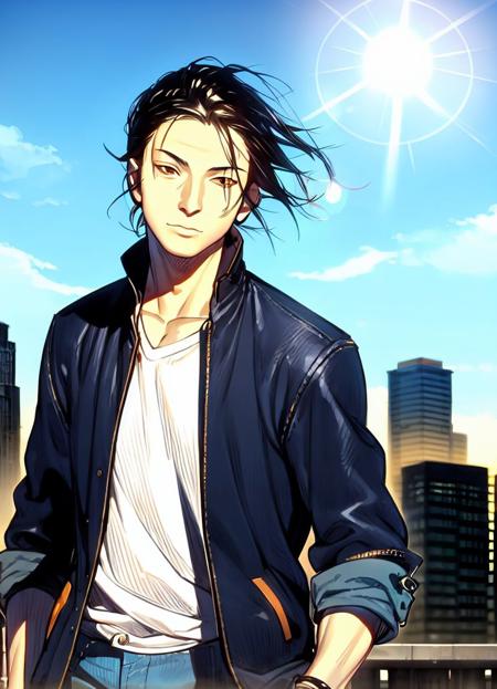 (upper body:1.3),masterpiece, 1boy, jacket, jeans, city, vagabond_style,  <lora:vagabond-30:1>,male focus, sun, lens flare, hands in pockets