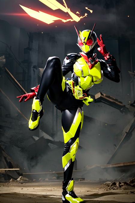 ((masterpiece,best quality)),kamen rider zero two, kamen rider, tokusatsu, rider belt, glowing red eyes,steam,yellow lightning,(solo, 1girl, mature female,large breasts,wide hips,thighs), female focus, from below, standing,kicking,leg up, full body, armor, red gloves,open hands, (skin tight bodysuit), in the sky,ground breaking,antennae, scarf, glowing, <lora:kamen_rider_zero_two-10:0.7>, <lyco:GoodHands-beta2:1.0>