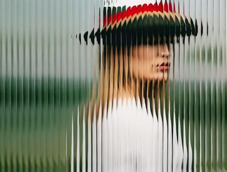 <lora:optical_yiu_v2:0.8>, reeded displacement, (woman in the barokko hat:1.4), white dress, (CIFilters:1.3), glass lines, design, vibrant colors, simple composition, (refraction:1.3), blurry, blurry focus, (roughness:1.2)