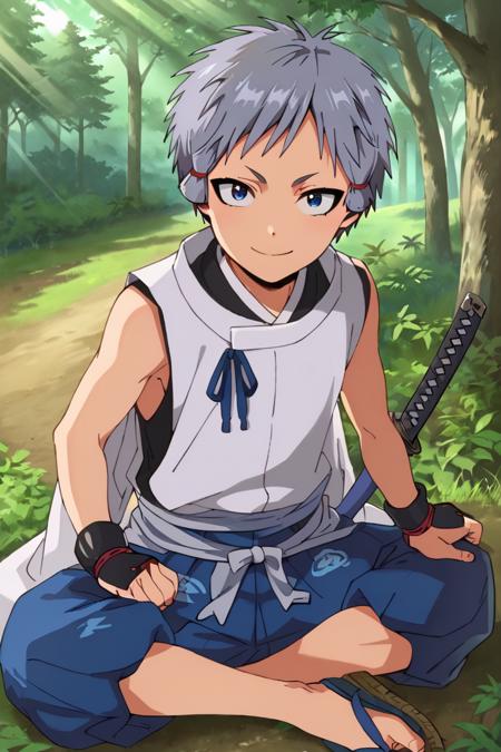 Nezu Kojiro,grey hair,short hair,sanpaku, blue eyes, hair ornament, japanese clothes,blue hakama,hakama,blue ribbon,sleeveless,Kamon, fingerless gloves,wristband