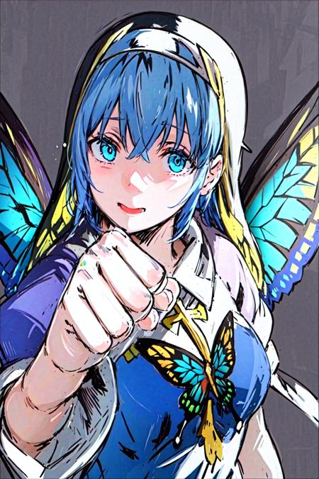 masterpiece, best quality, <lora:Cnoun-000012:0.6>,nun,butterfly wings, butterfly print, ,blue hair,blue eyes,cross,  <lora:YQ:1>,pointing at viewer, looking at viewer, large breasts,