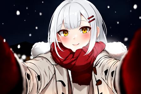 cheekwarm reaching towards viewer, scarf, red scarf, blush, hair ornament,  looking at viewer, pov, winter clothes, smile, solo,  coat, blurry, fur trim