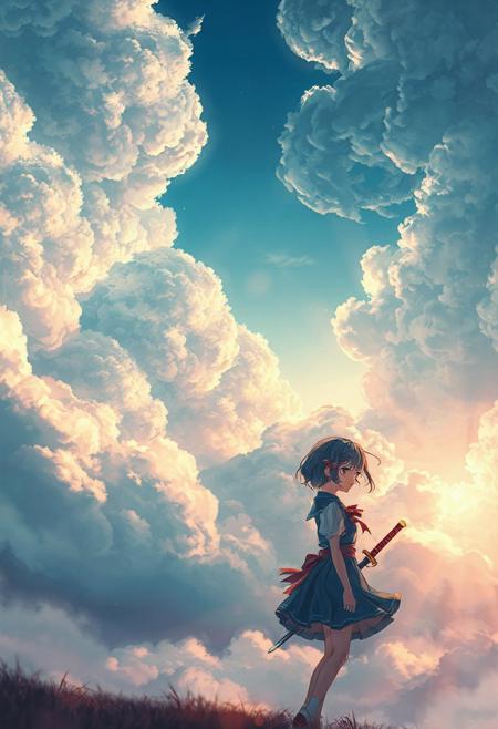 Vertical 9:16 anime-style sky in ultra-detailed 4K resolution. A vast, painterly sky stretches endlessly, filled with massive, textured clouds in complex folds, subtle contours, and soft ridges. Gaps between the clouds reveal patches of baby-blue sky and warm sunlight beams filtering downward. Below, the scene shifts to a mystical landscape where Anime-style girl with shoulder-length dark hair and red eyes, holding a katana, looking to the side, wearing a school uniform with a red ribbon and blue skirt, serious expression, dynamic pose, wind blowing her hair slightly, detailed lighting, background blurred, only the character visible — inspired by Saya Otonashi from Blood+ . The atmosphere is dreamy and emotional, with pastel colors of blue, pink, and golden light blending together. The background is ethereal and magical, filled with soft edge lighting, layered depth, and a subtle ambient haze, creating a nostalgic, cinematic mood."