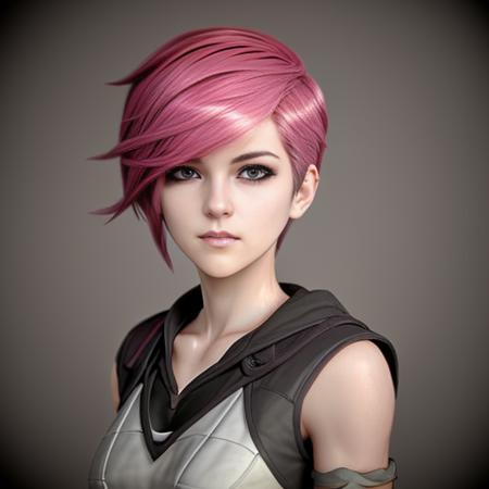 <lora:ArcaneVi-000021:1> arcanevi, a woman with medium short pink hair wearing a white dress, female face, unreal engine character art, portrait