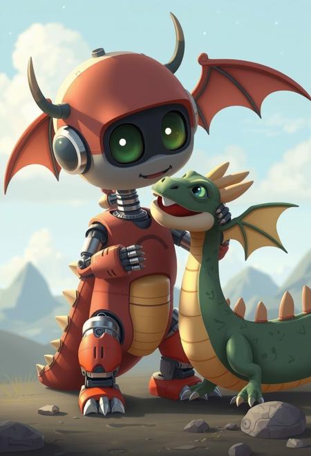 A clunky robot petting a dragon
Cartoon Pixar style