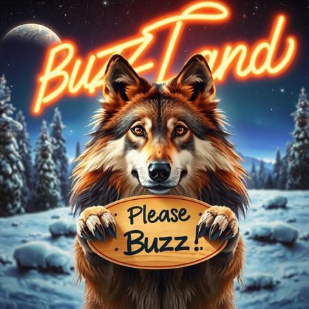 masterpiece, intricate photo. realistic real wolf in a snowy landscape surrounding holding a small wooden plate with his wolf paws where is written on "Please Buzz!"; in the background are a forest, in the skies are stars, planets, galaxies, nebulae; in the sky is in neon letter written "Buzz Land". highly detailed, sharp focus, hyper realistic, best quality, HDR, colorful, cozy outdoor lighting, 8K