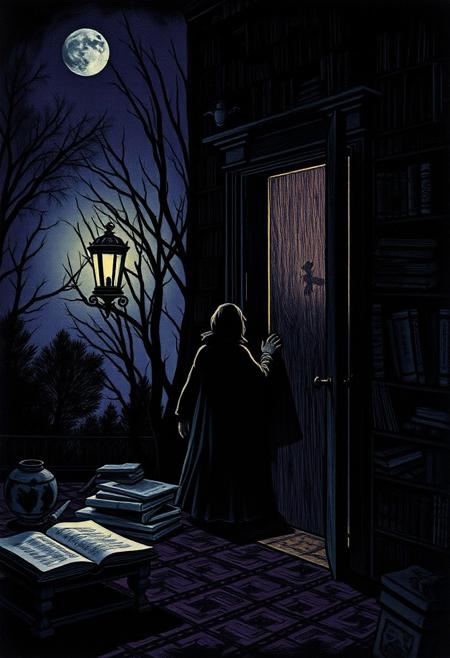 Once upon a midnight dreary, while I pondered, weak and weary,
Over many a quaint and curious volume of forgotten lore,
While I nodded, nearly napping, suddenly there came a tapping,
As of some one gently rapping, rapping at my chamber door. “
“'Tis some visitor,” I muttered, “tapping at my chamber door—
Only this, and nothing more.”
Ah, distinctly I remember it was in the bleak December,
And each separate dying ember wrought its ghost upon the floor.
Eagerly I wished the morrow;—vainly I had sought to borrow
From my books surcease of sorrow—sorrow for the lost Lenore—
For the rare and radiant maiden whom the angels name Lenore—
Nameless here for evermore.
And the silken sad uncertain rustling of each purple curtain
Thrilled me—filled me with fantastic terrors never felt before;
So that now, to still the beating of my heart, I stood repeating, “
“'Tis some visitor entreating entrance at my chamber door—
Some late visitor entreating entrance at my chamber door;—
This it is, and nothing more.”
Presently my soul grew stronger; hesitating then no longer,
“Sir,” said I, “or Madam, truly your forgiveness I implore;
But the fact is I was napping, and so gently you came rapping,
And so faintly you came tapping, tapping at my chamber door,
That I scarce was sure I heard you”—here I opened wide the door