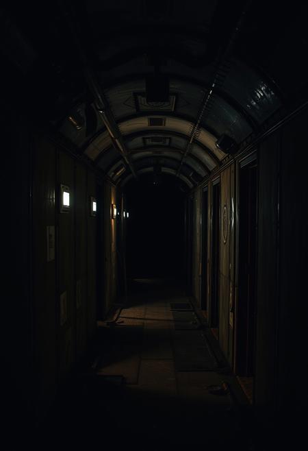 A dark and eerie corridor inside an abandoned spaceship, with flickering lights casting long, unsettling shadows. The walls are covered in strange, alien markings, and the metallic surfaces are corroded and rusted. The air is thick with an ominous, heavy silence, broken only by the occasional distant creak of the ship's structure. The end of the corridor fades into darkness, leaving an unsettling sense of what might be lurking in the shadows.