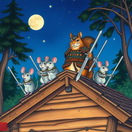 A warm summer night,  a one big squirrel dress like a samurai is a commander of a group of grey mice. All  are standing on the top of a wooden roof of a big wooden cabin in the middle of the forest.  All of them wear a medieval knight armors and hold steel swords. vivid colors, ukiyo-e  style