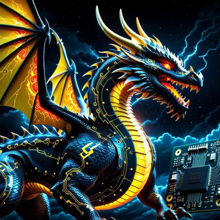 lazympos, depth of field, hyperrealistic, masterpiece, intrincate details, TzigoCBS,
fantasy dragon with circuit board patterned skin flying in the sky, black sky background, full cloudy sky, yellow glowing power aura arround dragon, red glowing eyes