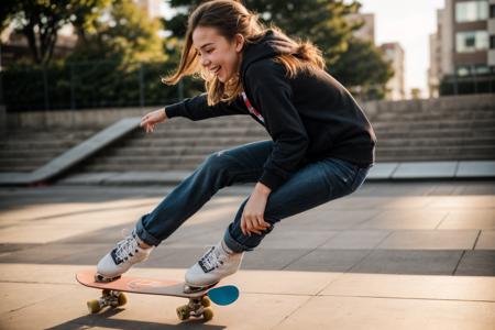 photo of a 18 year old girl,skating on a skateboard,happy,laughing,fit and petite body,ray tracing,detail shadow,shot on Fujifilm X-T4,85mm f1.2,sharp focus,depth of field,blurry background,bokeh,lens flare,motion blur,<lora:add_detail:1>,