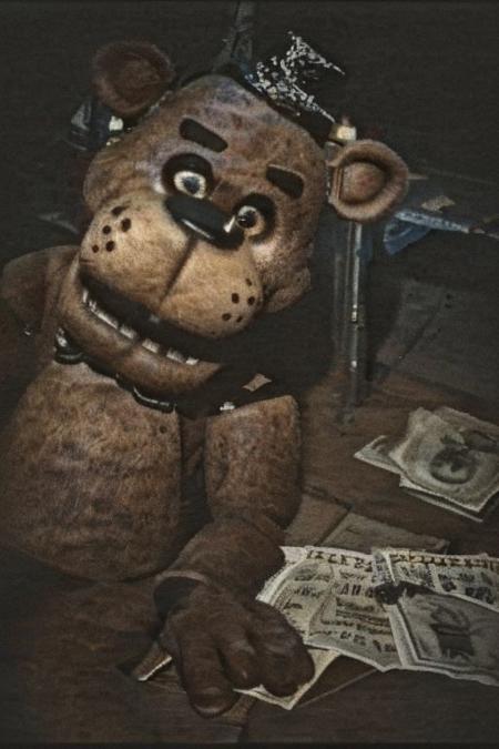 freddy, brown fur, shallow focus, depth of field, dirt, grain, camera lens, bokeh, paper texture, vintage, printed photography, ((sitting on floor,)) dark scene