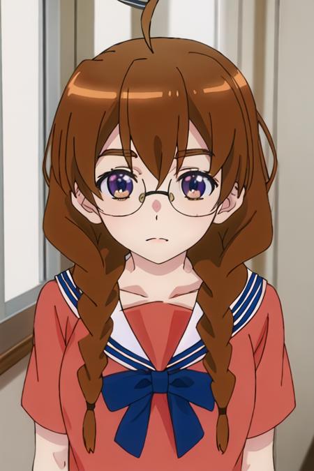 best quality, masterpiece, highres, solo, {sekine_4ninwasorezoreusootsuku:1.15}, brown_hair, glasses, braid, twin_braids, long_hair, ahoge, purple_eyes, serafuku, brown_eyes