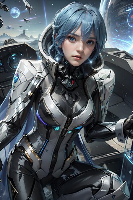 <lora:florentino_interstellar_council:0.5>, florentino_interstellar_council, looking at viewer, bangs, blue eyes, (1girl:1.2), closed mouth, blue hair, short hair, standing, looking at viewer, breasts, large breasts, very large breasts, cowboy shot, armor, shoulder armor, coat, facial hair, gauntlets, long sleeves, jacket, weapon, boots, shiny, pants, black pants, cape, holding weapon, sword, white footwear, knee boots, outdoors, sky, day, cloud, wate, scenery, smoke, flying, science fiction, realistic, aircraft, space, vehicle focus, planet, spacecraft, military, cloudy sky, building, science fiction, city, realistic, aircraft, military vehicle, cityscape, spacecraft, earth