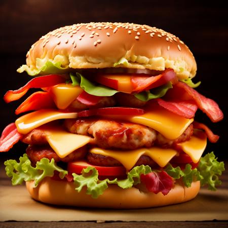 photo (QuadBurger style:1) a large hamburger with bacon, cheese, lettuce, tomato and <lora:djzQuadBurgerV21:1>