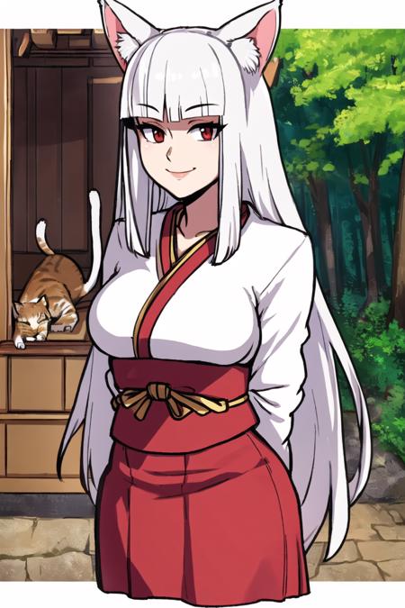 masterpiece, best quality, white hair, blunt bangs, long hair, sidelocks, cat ears, red eyes, smile, medium breasts, white kimono, red skirt, arms behind back, upper body, portrait, forest, shrine, akai style