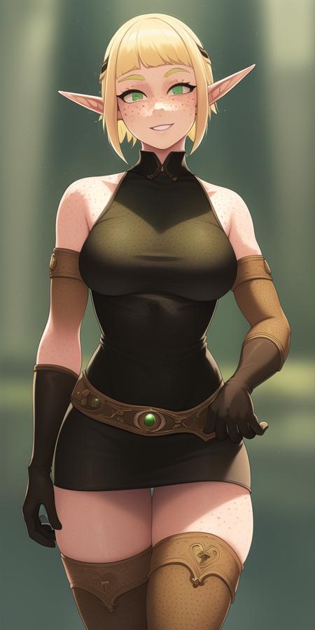 masterpiece, beautiful, detailed, <lora:wakfu_evangelyne:1>, 1 woman, solo, adult, standing,  green eyes, smiling, , short blonde hair, (bangs:1.3), 2 elf ears, (freckles:1.2), black shirt, long black miniskirt, black leggings, gloves, brown belt, brown thigh boots, bare shoulders, (body freckles:1), (shiny skin:1.2)