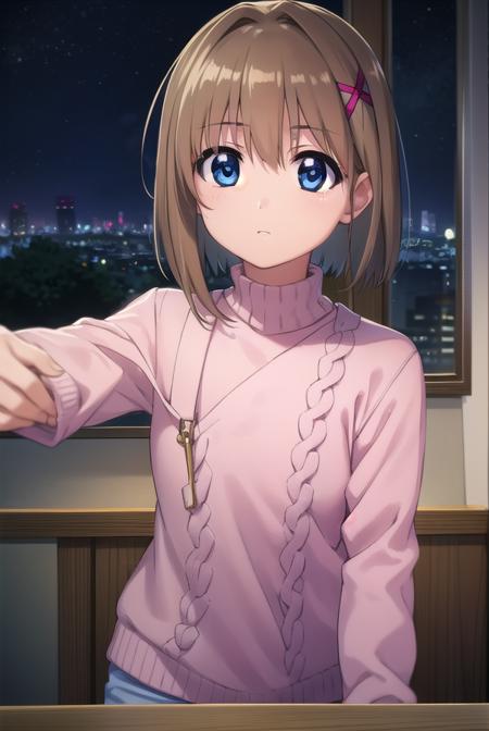 hayateyagami, <lora:hayate yagami movie2-lora-nochekaiser:1>,
hayate yagami, yagami hayate, short hair, blue eyes, brown hair, hair ornament, x hair ornament, 
BREAK sweater, pink sweater, turtleneck, long sleeves,
BREAK outdoors, city, night, starry sky,
BREAK looking at viewer, (cowboy shot:1.5),
BREAK <lyco:GoodHands-beta2:1>, (masterpiece:1.2), best quality, high resolution, unity 8k wallpaper, (illustration:0.8), (beautiful detailed eyes:1.6), extremely detailed face, perfect lighting, extremely detailed CG, (perfect hands, perfect anatomy),