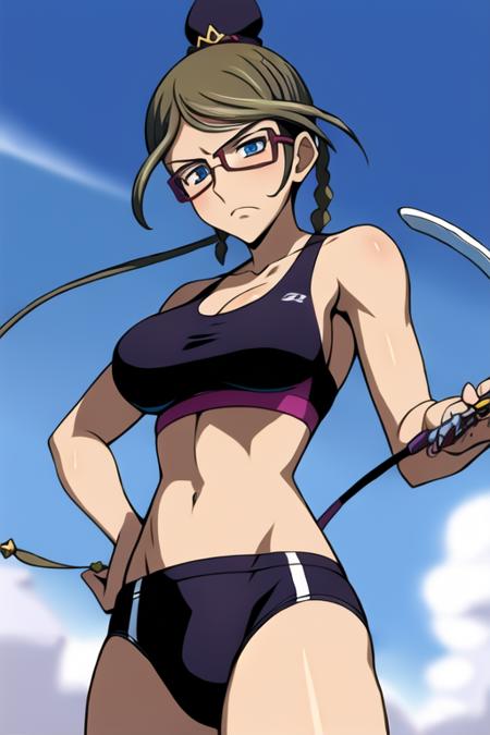 <lora:Katereaxck:0.8>,(frown face),(Posing as if catching a frisbee),(fantasy city background_:1.1),(sports bra:1.1),1girl,solo,breasts,glasses,large breasts,blue eyes,brown hair,long hair,single hair bun,mature female,hair bun,mini hat,braid,eyewear,dark-skinned female,