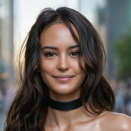 Super high res closeup portrait photo skin texture of a woman wearing a thin leather choker and has wavy long hair ,f /2.8, Canon, 85mm,cinematic, high quality, skin texture, looking at the camera, smiling,  <lora:ceaton_xl_1_standard-merger_73_83_07_03:1>